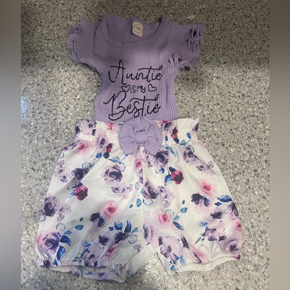Auntie is my bestie!💜  Lilac onesie & Floral Bow Shorts Set - Kids (Size 70)
